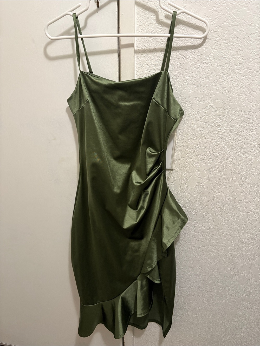 Olive Green Satin Ruffle Slip Dress